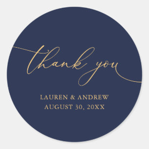 Sticker Rond Mariage minimaliste bleu marine et or Merci 
