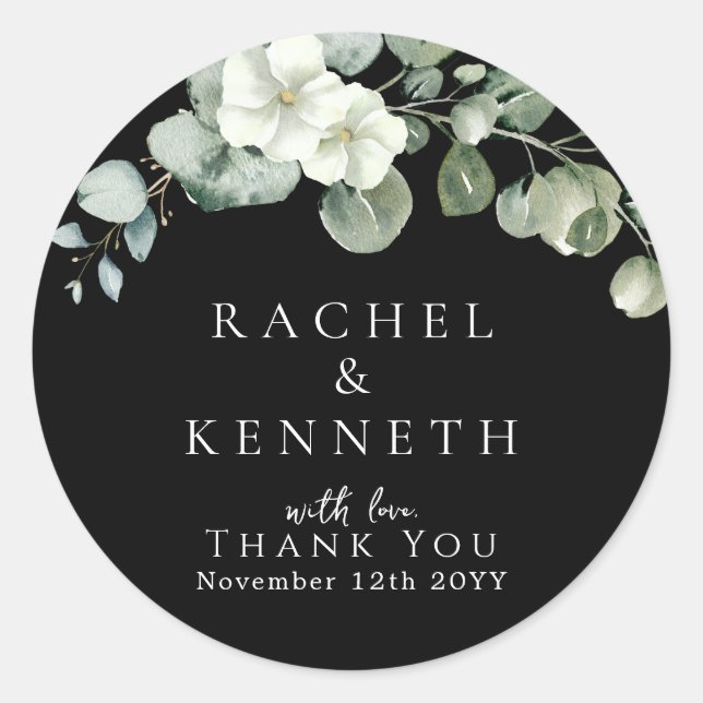 Sticker Rond Mariage minimaliste chic Eucalyptus noir et blanc (Devant)