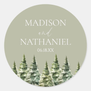 Sticker Rond Mariage minimaliste de la forêt de pins neigeux d'
