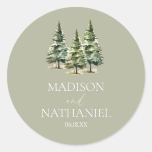 Sticker Rond Mariage minimaliste de la forêt de pins neigeux d'