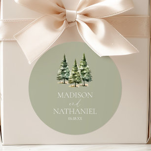 Sticker Rond Mariage minimaliste de la forêt de pins neigeux d'
