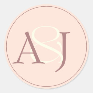 Sticker Rond Mariage minimaliste Monogramme Rose pêche et Mauve