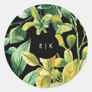 Sticker Rond Mariage moderne à feuilles fraîches vertes