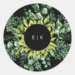 Sticker Rond Mariage moderne à feuilles fraîches vertes