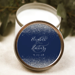 Sticker Rond Mariage Moderne Bleu Nuit Paillettes Argentées sur