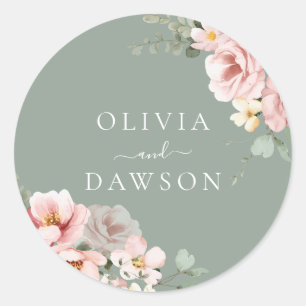 Sticker Rond Mariage moderne Blush & Sage Green