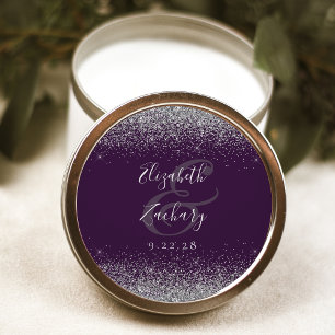 Sticker Rond Mariage Moderne Bordure Pailletée Violet Foncé Arg