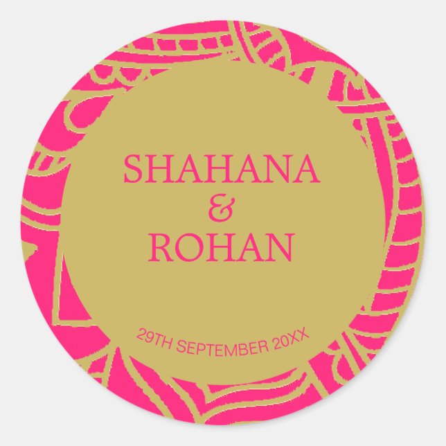 Sticker Rond Mariage moderne de style indien rose or (Devant)