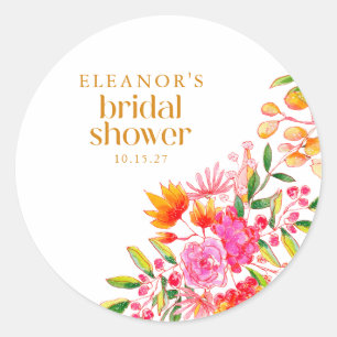 Sticker Rond Mariage Moderne Fleurs Aquarelles Rose Orange