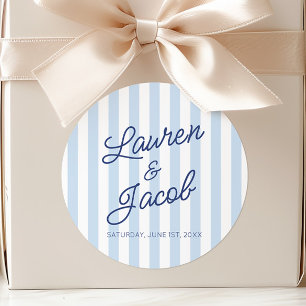 Sticker Rond Mariage Moderne Minimaliste Rayures Bleues