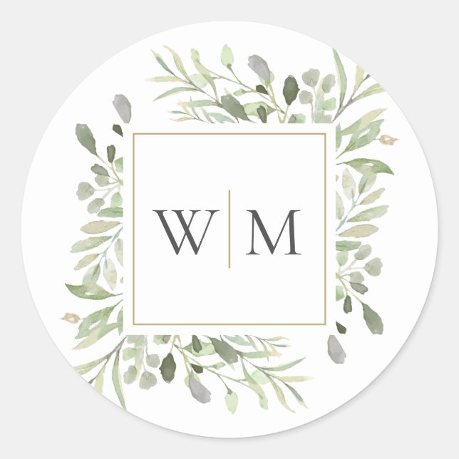 Sticker Rond Mariage Moderne Or Monogramme de Verdure (Devant)