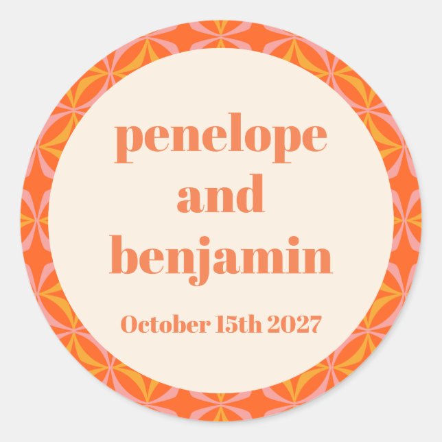 Sticker Rond Mariage moderne orange du milieu du siècle (Devant)