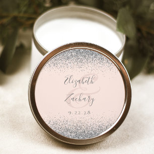 Sticker Rond Mariage Moderne Rose Pâle Bordure Pailletée Argent
