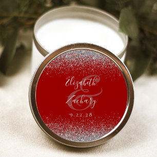 Sticker Rond Mariage Moderne Rouge Cramoisi Paillettes Argent B