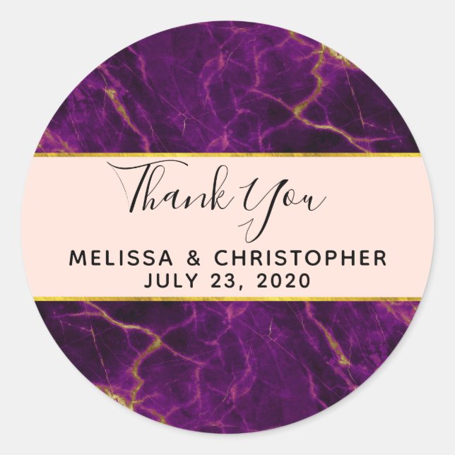 Sticker Rond Mariage moderne violet et or marbre Abstrait (Devant)