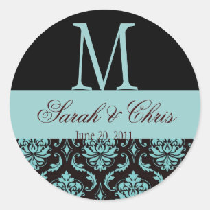 Sticker Rond Mariage Monogram Damask Blue Black Seal