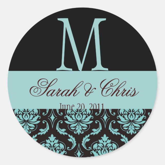 Sticker Rond Mariage Monogram Damask Blue Black Seal (Devant)