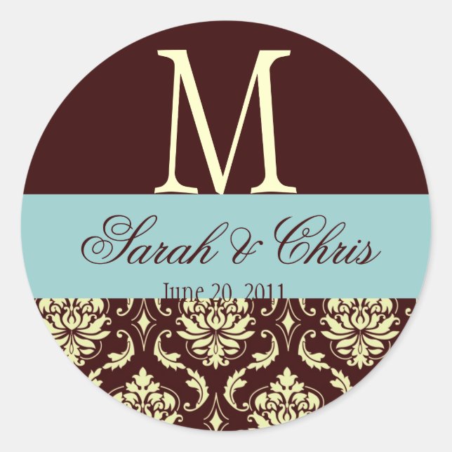 Sticker Rond Mariage Monogram Damask Brown Blue Ivory Seal (Devant)