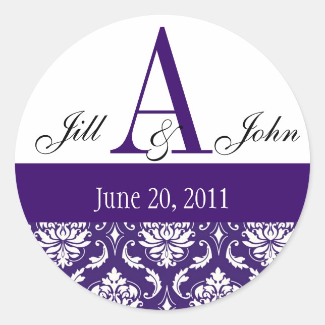 Sticker Rond Mariage Monogramme A Noms Date Paisley Purple Seal (Devant)