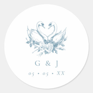 Sticker Rond Mariage Monogramme aux Cygnes Floraux Bleus Vintag