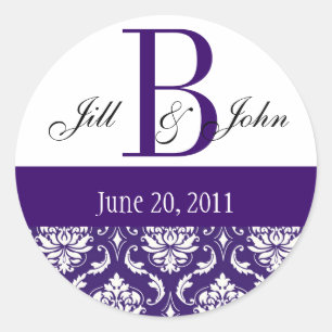 Sticker Rond Mariage Monogramme B Noms Date Paisley Purple Seal