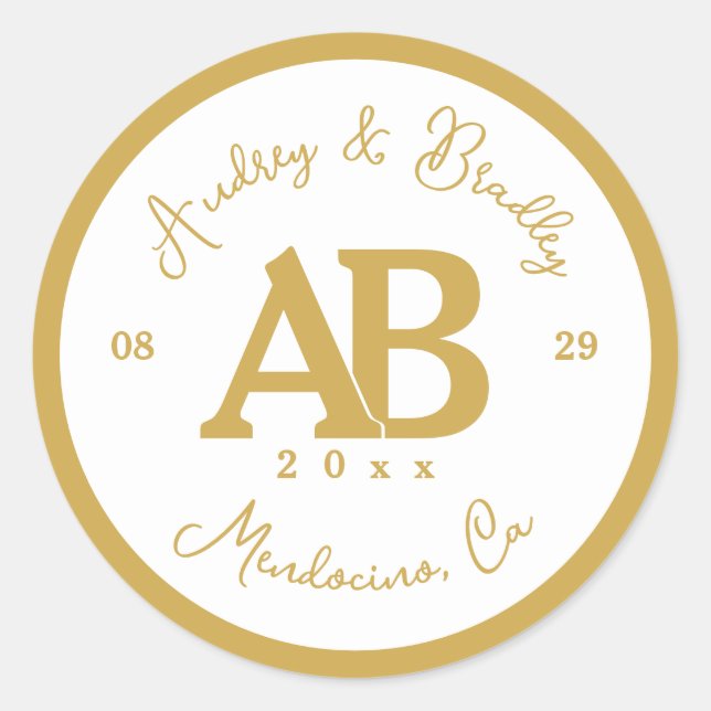 Sticker Rond Mariage Monogramme blanc et or 2 lettres (Devant)