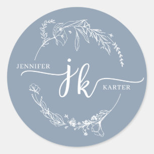 Sticker Rond Mariage monogramme bleu foncé à couronne florale m