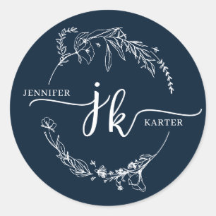 Sticker Rond Mariage Monogramme bleu marine de la flotte de fle