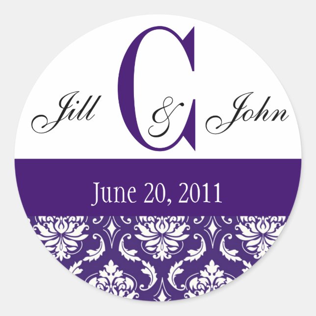 Sticker Rond Mariage Monogramme C Noms Date Paisley Purple Seal (Devant)