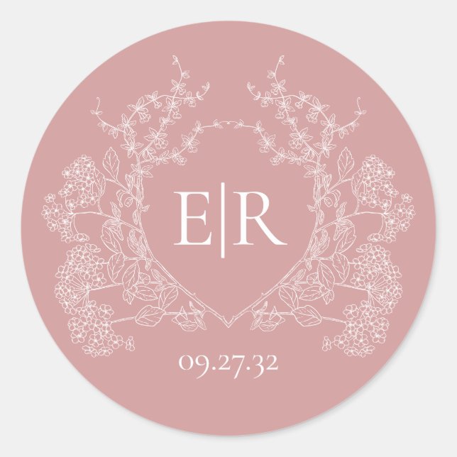 Sticker Rond Mariage Monogramme Crête Florale Rose Poussiéreuse (Devant)