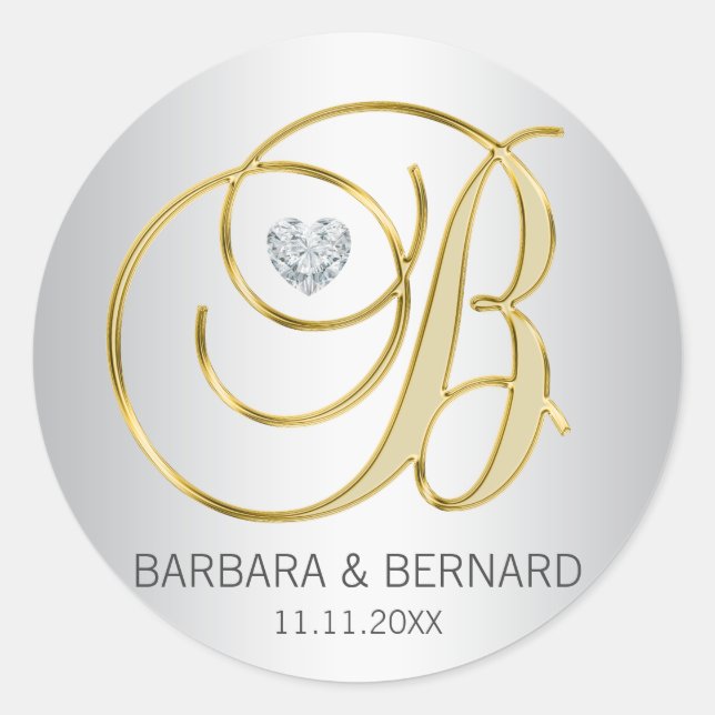 Sticker Rond Mariage monogramme d'or d'argent sur mesure (Devant)