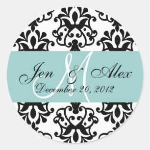 Sticker Rond Mariage Monogramme Enregistrer Date Damask Blue Se