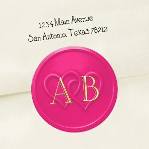 Sticker Rond Mariage Monogramme Entrelacé de Deux Cœurs Rose Ch