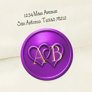 Sticker Rond Mariage Monogramme Entrelacé de Deux Cœurs Violets