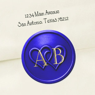 Sticker Rond Mariage Monogramme Entrelacé Deux Cœurs Bleu Royal