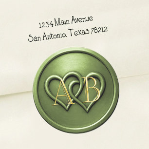 Sticker Rond Mariage Monogramme Entrelacé Deux Cœurs Vert