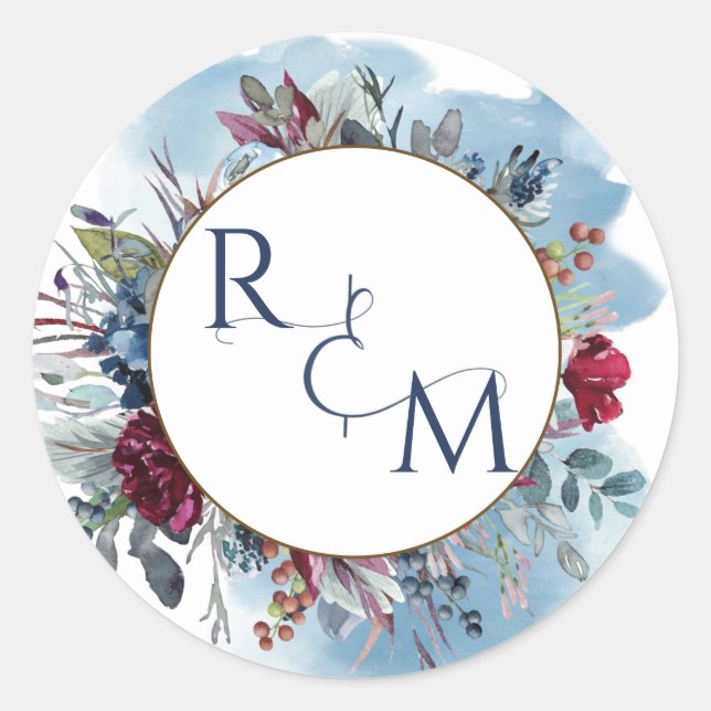 Sticker Rond Mariage Monogramme Enveloppe Sceau Bleu Bourgogne (Devant)