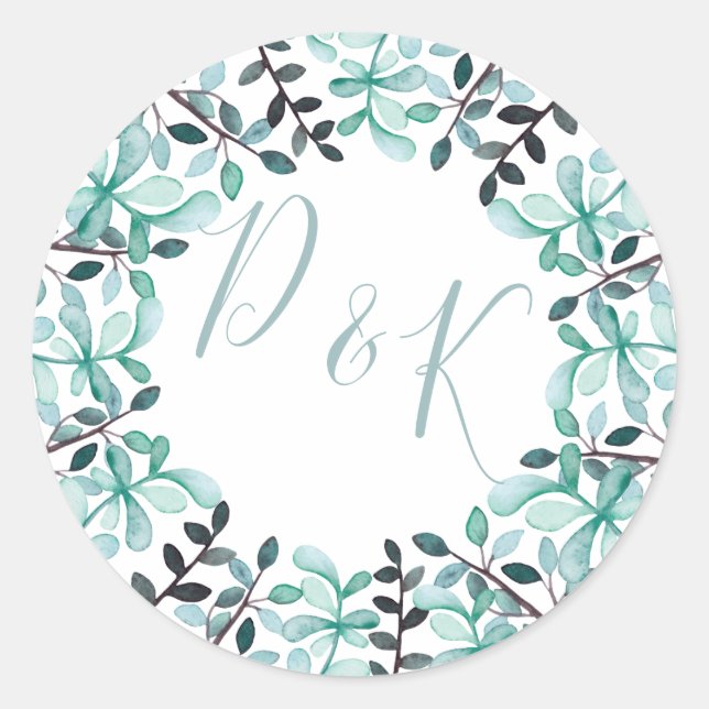 Sticker Rond Mariage Monogramme Feuille Aquarelle (Devant)
