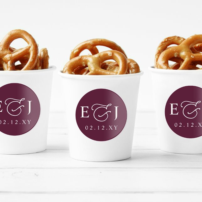 Sticker Rond Mariage Monogramme Initiales Moderne Prune (Plum Modern Initials Monogram Wedding Classic Round Sticker)