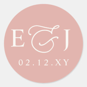 Sticker Rond Mariage Monogramme Initiales Moderne Rose Pâle
