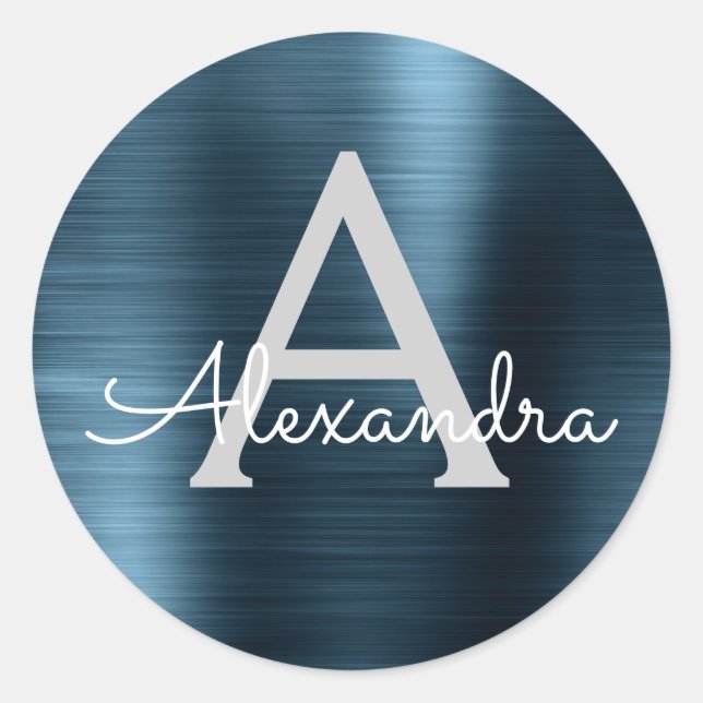 Sticker Rond Mariage Monogramme Métallique Foil Bleu (Devant)