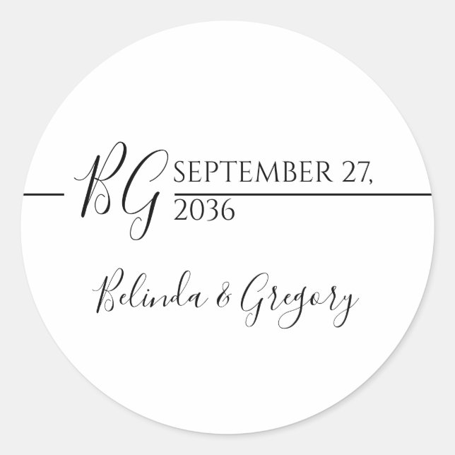 Sticker Rond Mariage Monogramme minimaliste noir et blanc (Devant)