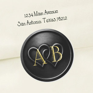 Sticker Rond Mariage Monogramme Noir à Deux Cœurs Entrelacés