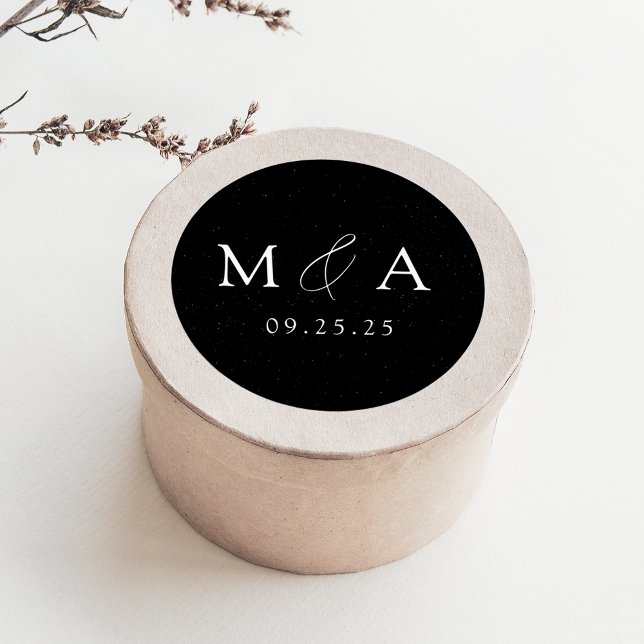 Sticker Rond Mariage Monogramme noir et blanc à spectre moderne (Créateur téléchargé)