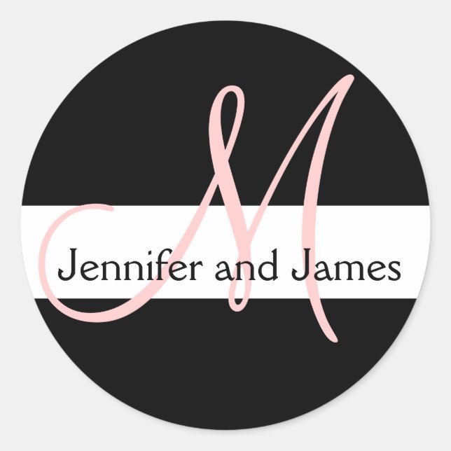 Sticker Rond Mariage Monogramme Noms initiaux Rose Blanc Noir (Devant)