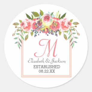 Sticker Rond Mariage Monogramme Peach Aquarelle Florale Wreath