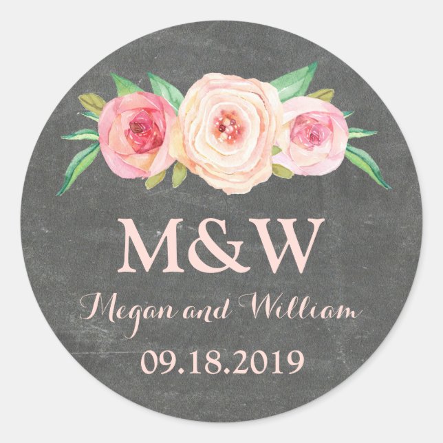 Sticker Rond Mariage Monogramme rose rose pâle Chalkboard (Devant)