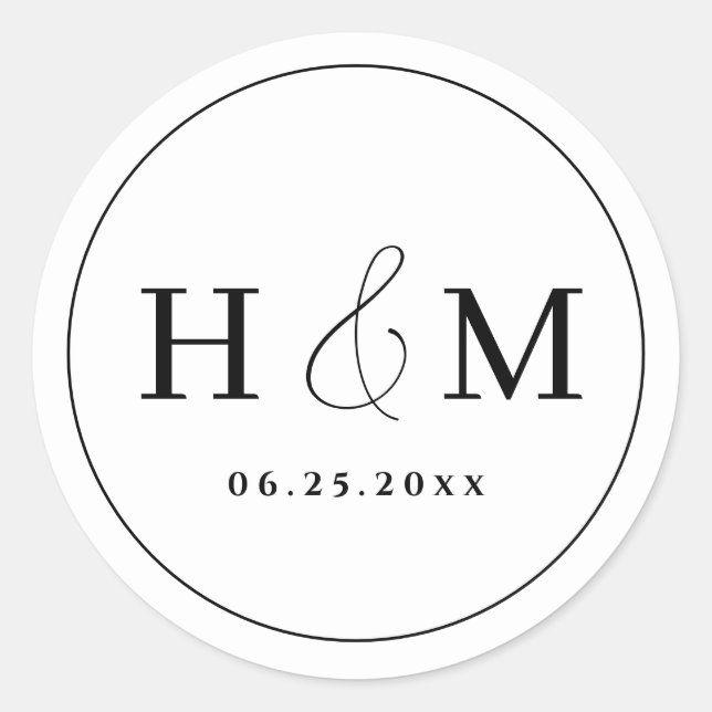 Sticker Rond Mariage Monogrammé Simple Typographie Élégante (Devant)