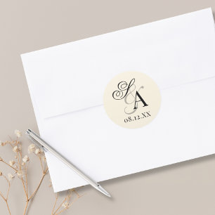 Sticker Rond Mariage Monogramme Vintage Noir et Ivoire Vieille