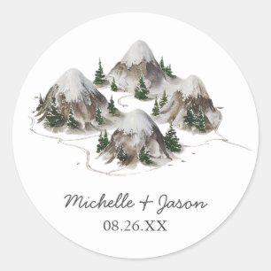 Sticker Rond Mariage Montagnes Aquarelle Tendance Moderne      
